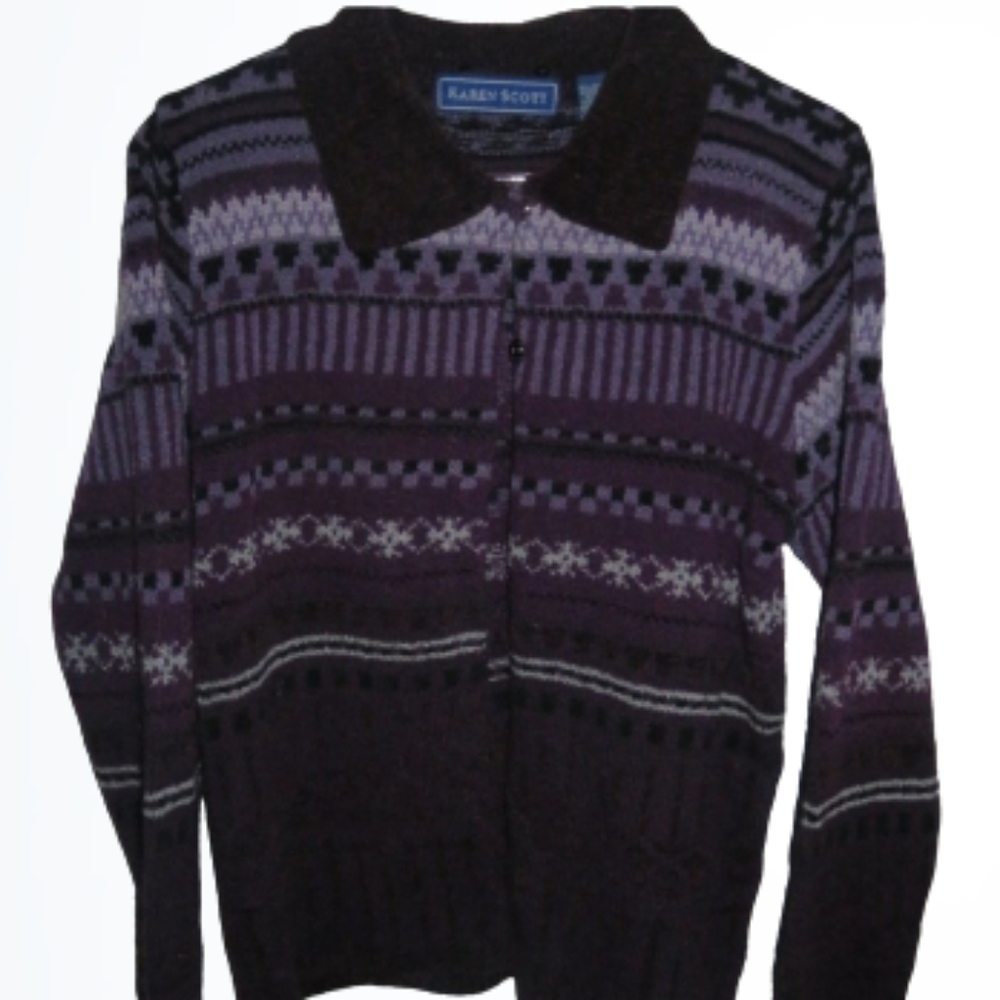 Karen Scott Purple Patterened Button Cardigan Sweater